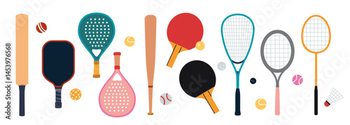 Set with sports equipment like rackets, bats and balls for tennis, squash, padel, badminton, baseball, ping pong, pickleball, cricket and lapta. Trendy modern Isolated vector illustration