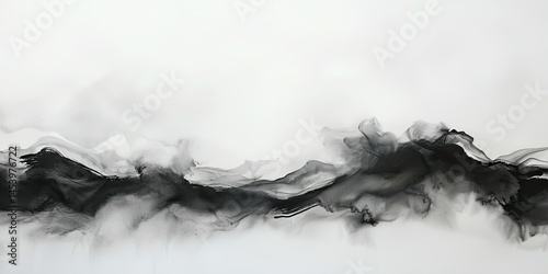 Abstracted ink forms shaping distant mountains and garden walls in the mist.