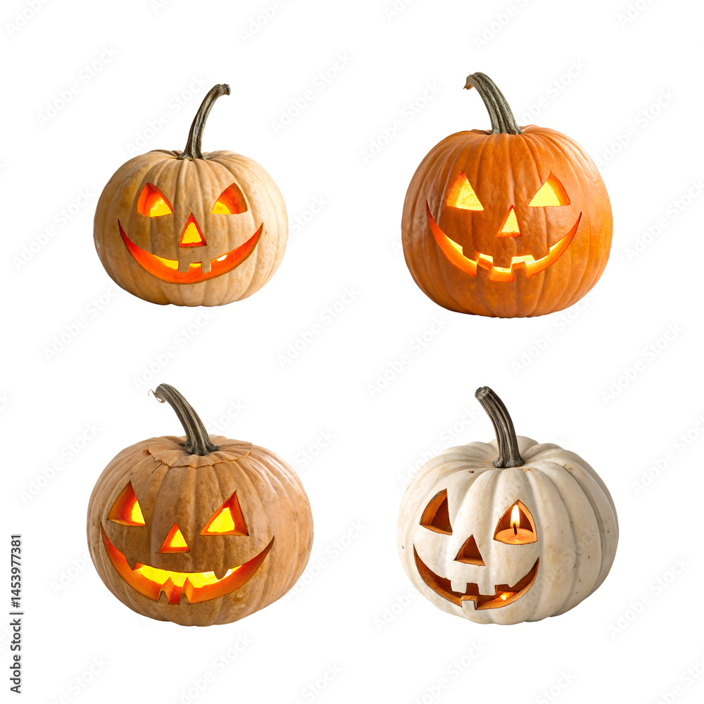 Glowing Halloween Pumpkin with Evil Smile – Spooky Jack-o'-Lantern Illustration Isolated on Transparent Background