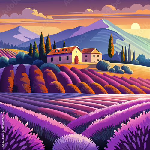 A painting of a house and a field of lavender. The house is white and has a red door. The field is full of lavender bushes and the sky is orange and pink. The painting has a peaceful and serene mood