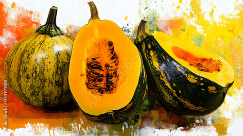 Vibrant autumn composition showcasing halved delicata squashes with paint splashes