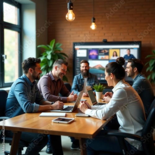Casual, vibrant workspace; team gathers for informal meeting , office, tablet