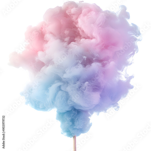 Cotton candy stick burst into pastel vapor with wispy sugar trails, no holder, floating on white.