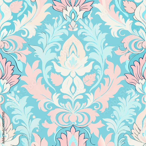 Ethereal damask seamless vector pattern in soft pastel hues  