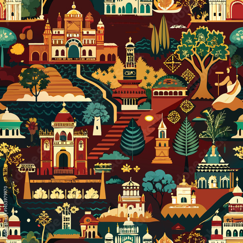 Heritage tapestry seamless vector pattern depicting intricate cultural landmarks  