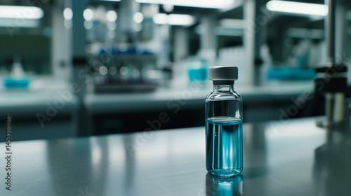 Futuristic glass vial with glowing blue liquid on sterile lab surface, symbolizing medical innovation and scientific breakthrough in biotechnology and pharmaceutical research.