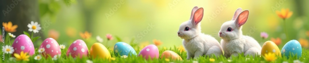 Playful bunnies surrounded by vibrant Easter eggs in a cheerful spring setting , bunny rabbit, holiday