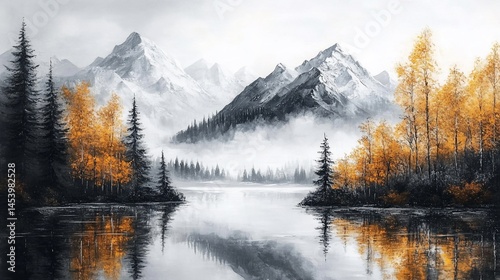 Misty mountain landscape reflecting in calm water.