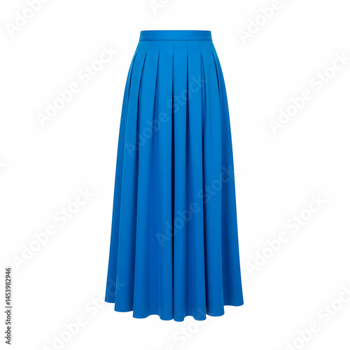 A bright blue long pleated skirt is displayed on a white background in a studio setting fashionably