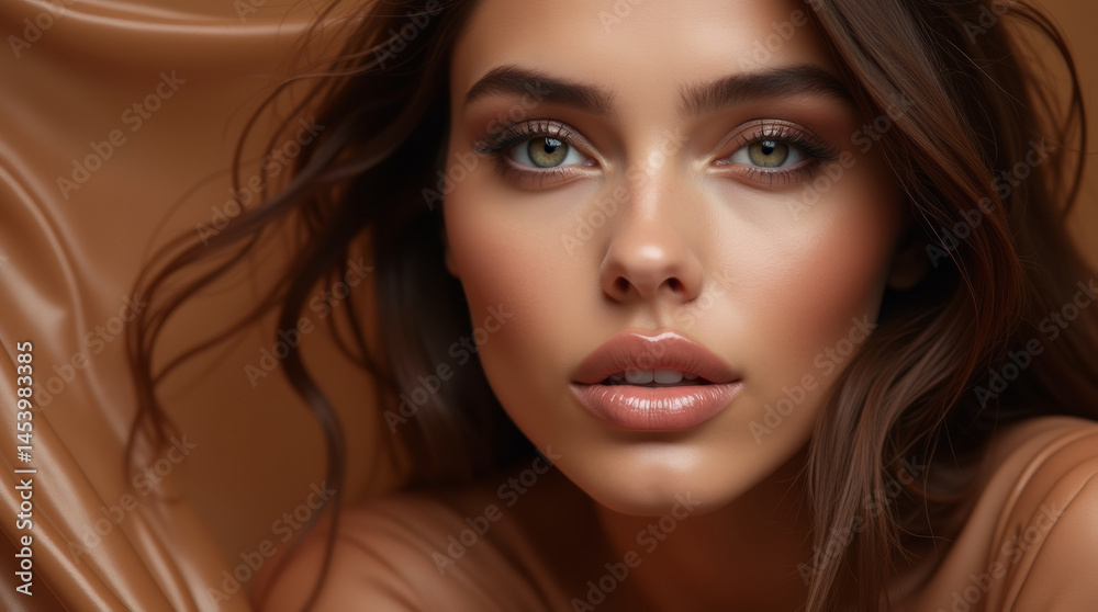 Luxurious brunette enveloped in brown silk fabric