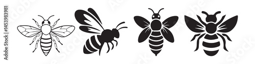 Black bee icon in a silhouettes style. Honey Bee icon, honey bee isolated on white background. Vector Illustration eps 10