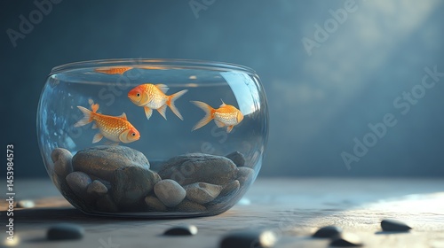 Digital illustration of three goldfish swimming in a clear glass bowl with rocks.