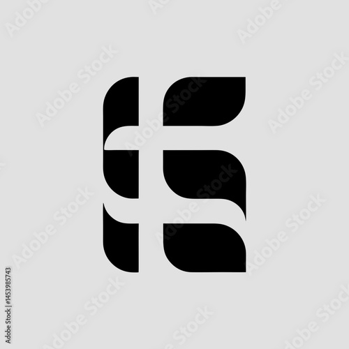 Abstract image with black shapes forming a stylized, geometric design against a grey background.