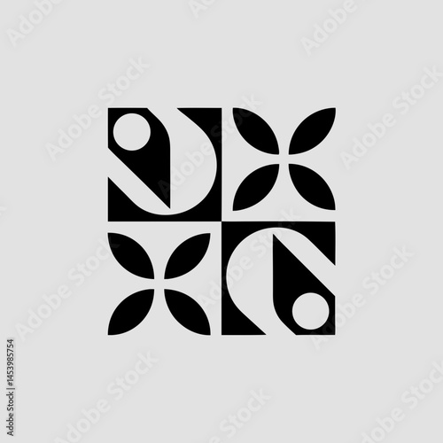 Symmetrical abstract design composed of geometric shapes in a square tile arrangement.