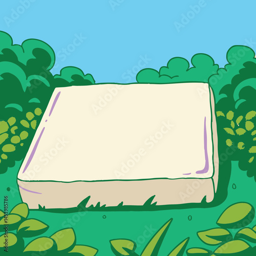Elevated platform amidst lush greenery, possibly for display or relaxation in a natural setting.