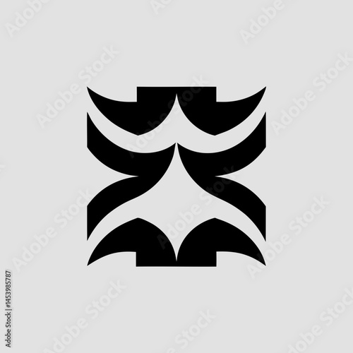 Abstract geometric arrangement of black shapes forms a symmetrical and striking composition.