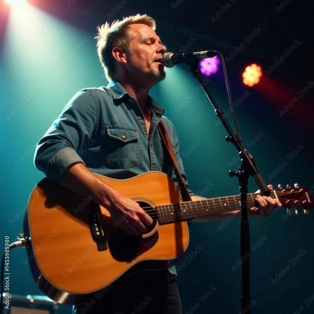 Fototapeta premium Solo guitarist backlit on stage, country vibe, americana, shadow, spotlight