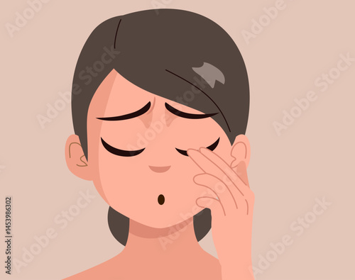 Cartoon drawing of a concerned woman touching her trembling eyelid, representing the symptom of anxiety or muscle spasm. Health and stress related concept