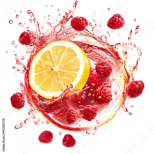 Raspberry lemonade splash in mid-motion with lemon wheel and berry drops,