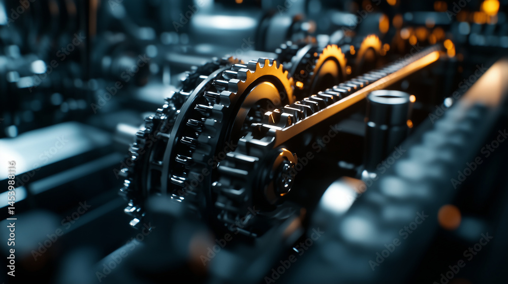Fototapeta premium Industrial scene showing close-up of gearbox and transmission system inside diesel truck, gears interlocking with precision