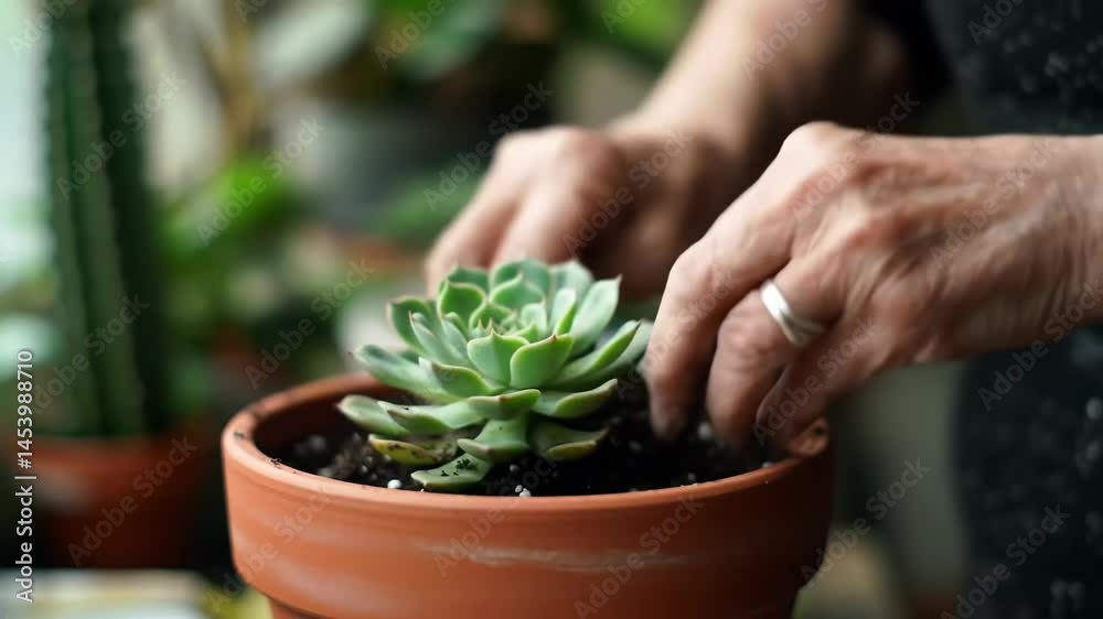 Close up of woman hands planting a green succulent in a terracotta pot with potting soil inside. Indoor gardening and plant care concept.