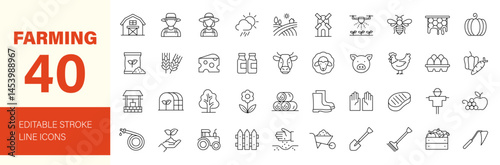 Farming icon set. Agriculture related line icons: farm, gardening, smart farm, farm animals, seeding, farmer and more. Editable stroke. Vector illustration.