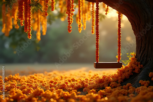 Realistic background of a garden decorated with marigold flowers, traditional lamps, and swing tied to a tree, ideal for festive Hariyali Teej themes