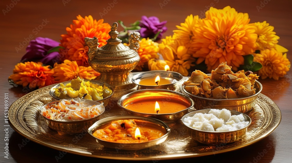 Naklejka premium Navratri Puja Thali with Diyas and Flowers