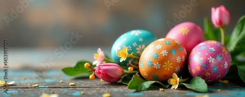 Vibrant painted eggs, spring motifs, wooden background, celebration, art, rustic