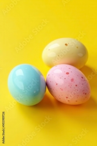 Vibrant pastel eggs, speckled & solid, on sunny yellow , springtime, decoration