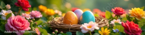 Brightly colored eggs nestled in a bed of blooming pansies and roses , colorful eggs, vibrant