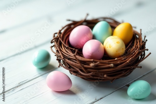 Bird's nest overflowing with chocolate and pastel Easter eggs on white wood , eggs, wood