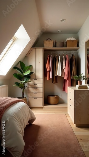 Cozy attic dressing room, sloped ceilings, natural light, house, photo