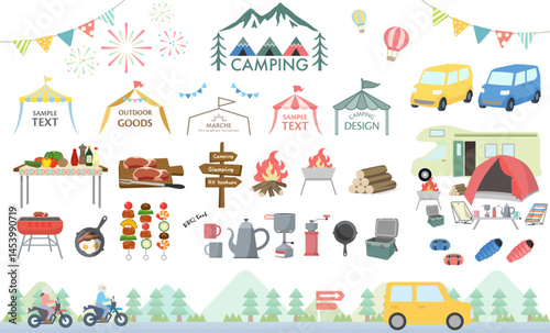 アウトドアとキャンプのイラストセット ( テント　グランピング　キャンプ　アウトドア　山　自然　バーベキュー　BBQ　車　フレーム　見出し　タイトル　夏 )