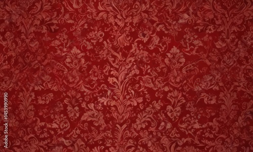 Deep crimson damask, opulent swirling pattern , ornate, swirl, red