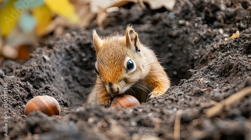 Curious squirrel burying acorn in soft soil