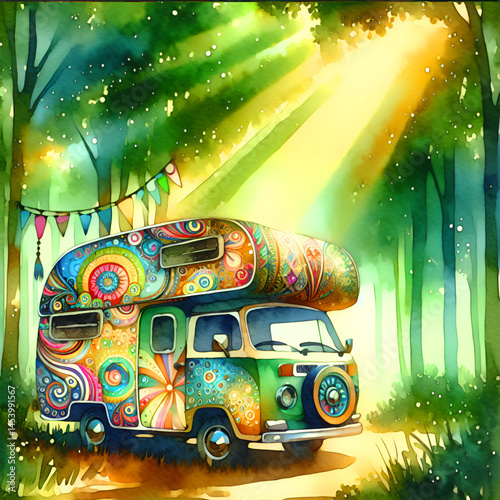 qatercolor camping car in nature illustration 