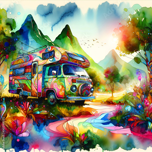 qatercolor camping car in nature illustration 