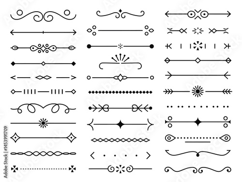 Elegant black dividers and decorative lines, perfect for text separators, web design, banners, and invitations, featuring a variety of styles from simple to intricate on a white background

