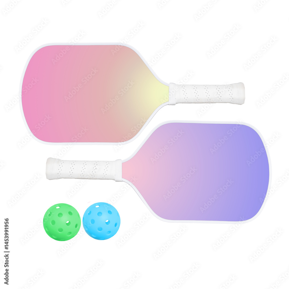 Gradient color pickleball set with two paddles and matching balls