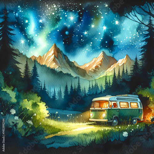 qatercolor camping car in nature illustration 
