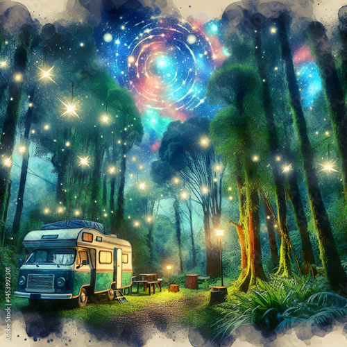 qatercolor camping car in nature illustration 