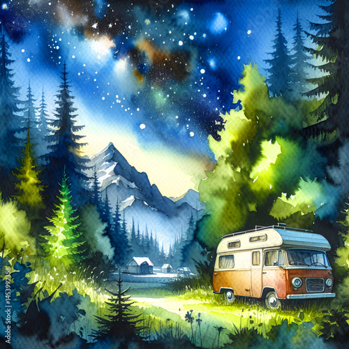 qatercolor camping car in nature illustration 