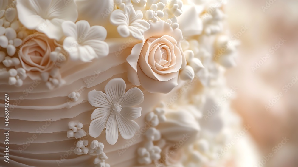 3D render of textured, white and cream cake decorated with sculpted flowers and foliage. 3D render of textured, white and cream cake decorated with sculpted flowers and foliage.