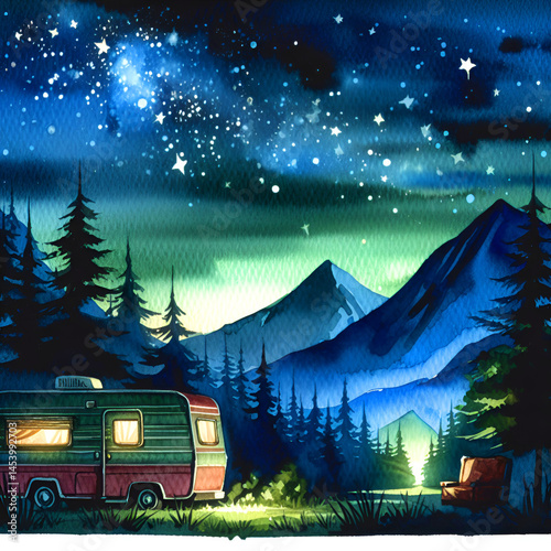 qatercolor camping car in nature illustration 