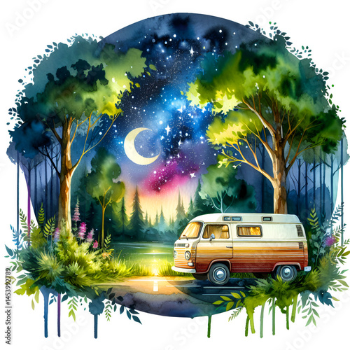 qatercolor camping car in nature illustration 