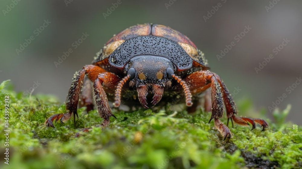 Close-up of a ladybug on moss showing intricate leg and shell detail Close-up of a ladybug on moss showing intricate leg and shell detail