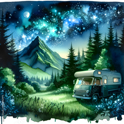 qatercolor camping car in nature illustration 