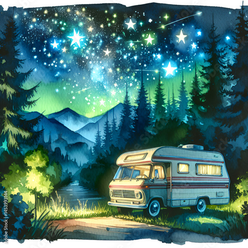 qatercolor camping car in nature illustration 