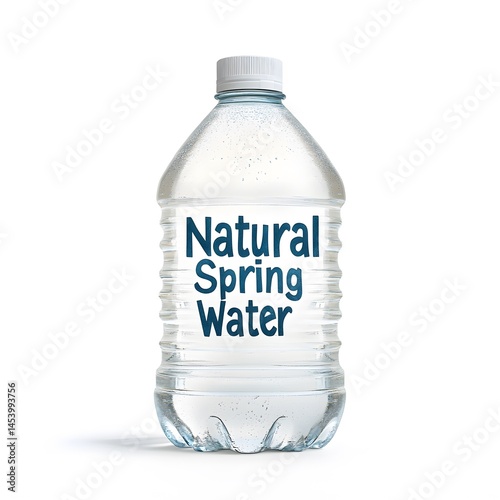 Plastic water bottle with label Natural Spring Water, representing the irony of eco-themed marketing on disposable packaging photo